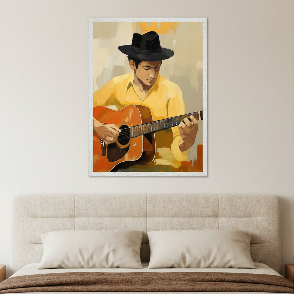 Modern bedroom with a beige upholstered bed. A framed painterly portrait of a man in a black hat and yellow shirt playing an acoustic guitar hangs above the bed.