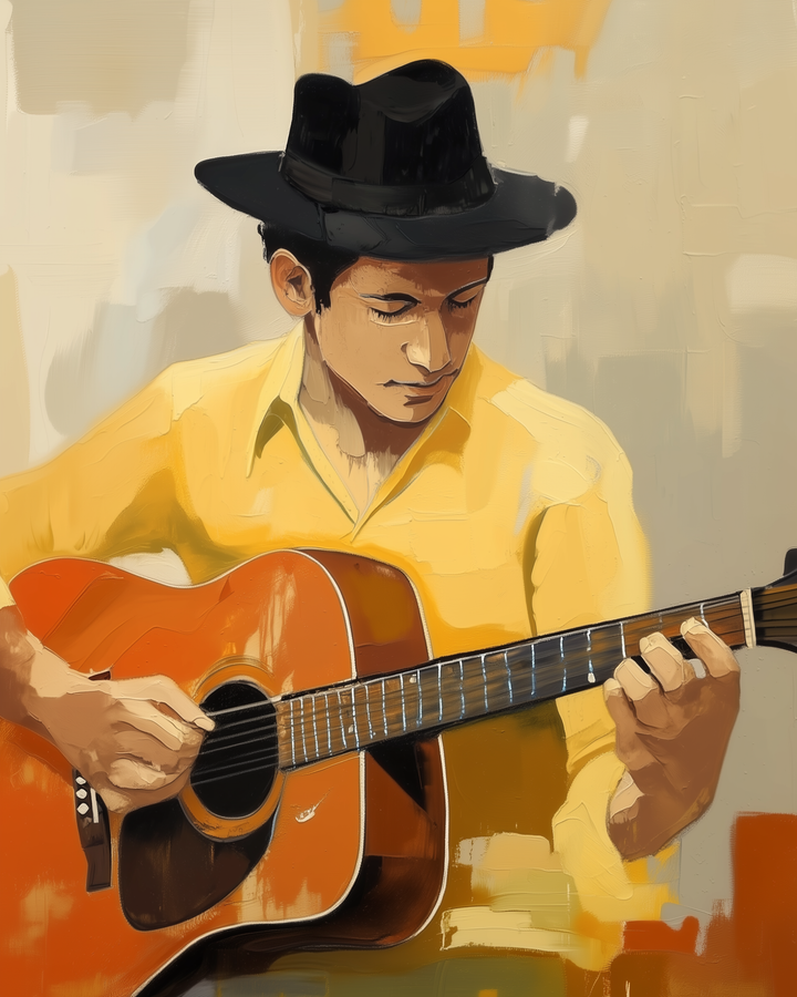 Painterly portrait of a man in a yellow shirt and black hat playing an acoustic guitar with focused expression. The warm-toned background complements the rich wood grain of the guitar.
