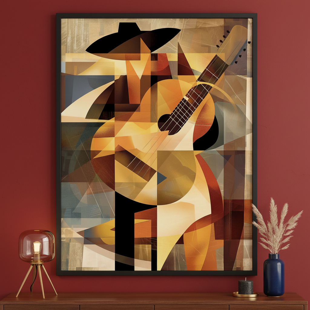 Modern room with a deep red wall. A large framed cubist-style print of a figure in a hat playing a guitar hangs above a wooden credenza. A modern lamp and vase with dried grass are on the credenza.