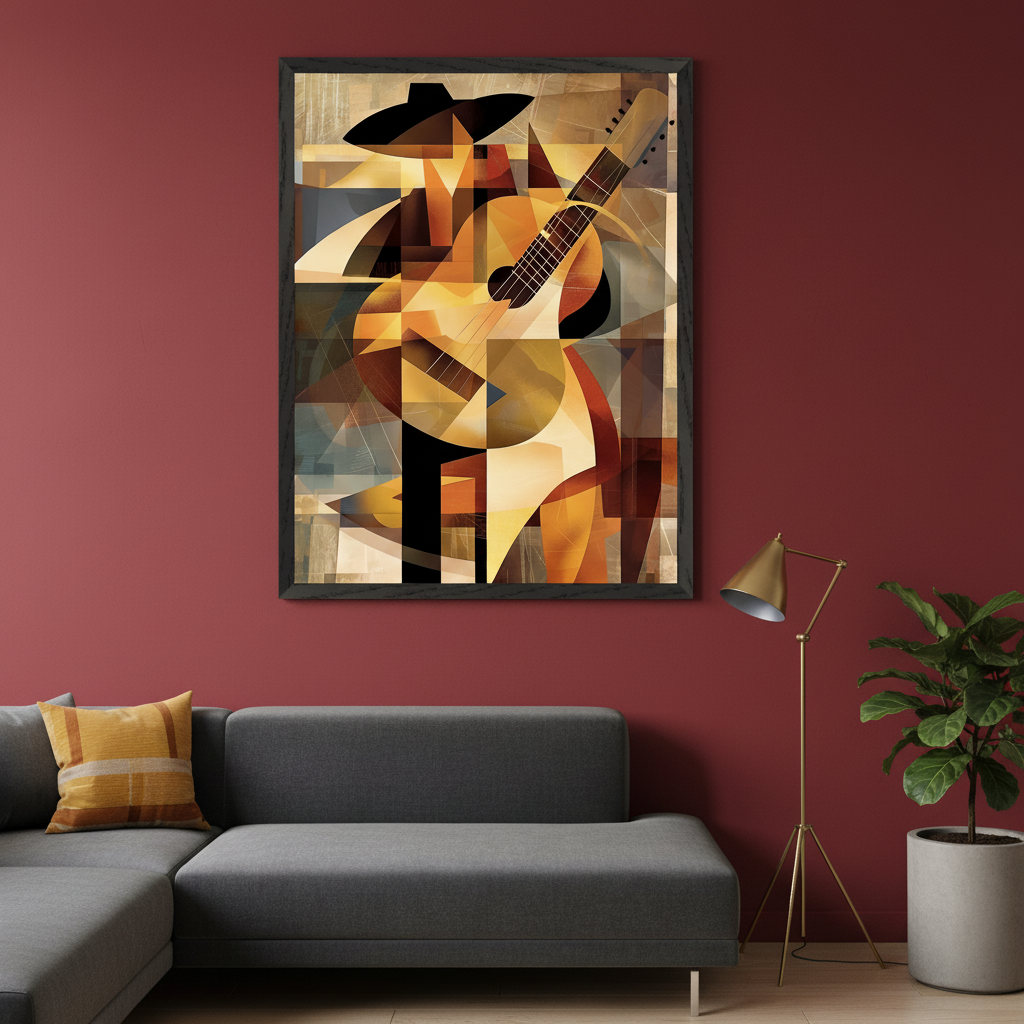 Modern living room with a grey sectional sofa against a burgundy wall. A large framed abstract cubist painting of a figure in a hat playing a guitar hangs above the sofa. The artwork features geometric shapes in warm yellow, orange, and brown tones. A brass floor lamp stands to the right.