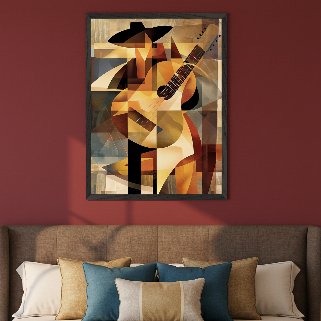 Modern bedroom with a brown upholstered headboard and colorful pillows. A large framed cubist painting of a person in a hat playing a guitar in warm tones hangs on a red wall centered above the bed.