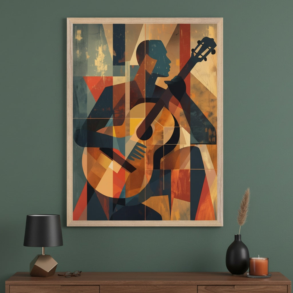 Modern room with a wooden dresser. A framed abstract cubist art piece of a person playing a guitar hangs centered above the dresser. The artwork features geometric shapes and bold colors like blue, orange, and brown.
