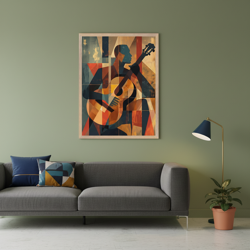 Modern living room with a grey sofa against a green wall. A framed abstract, cubist-style artwork depicting a person playing a guitar with geometric shapes and warm, cool colors hangs above the right side of the sofa.