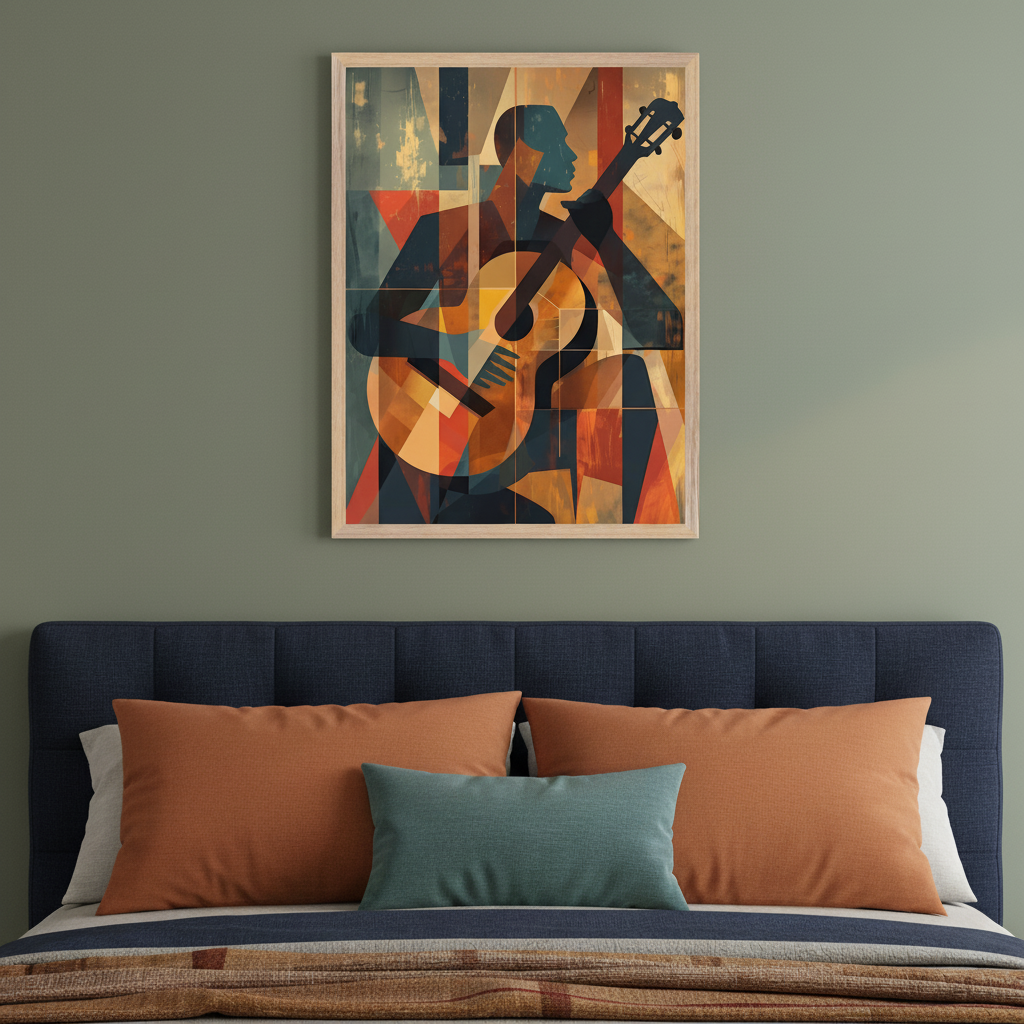 Modern bedroom with a dark blue upholstered bed and headboard. A large framed cubist-style artwork of a person playing a guitar hangs centered above the bed. The artwork features geometric shapes in warm and cool tones.
