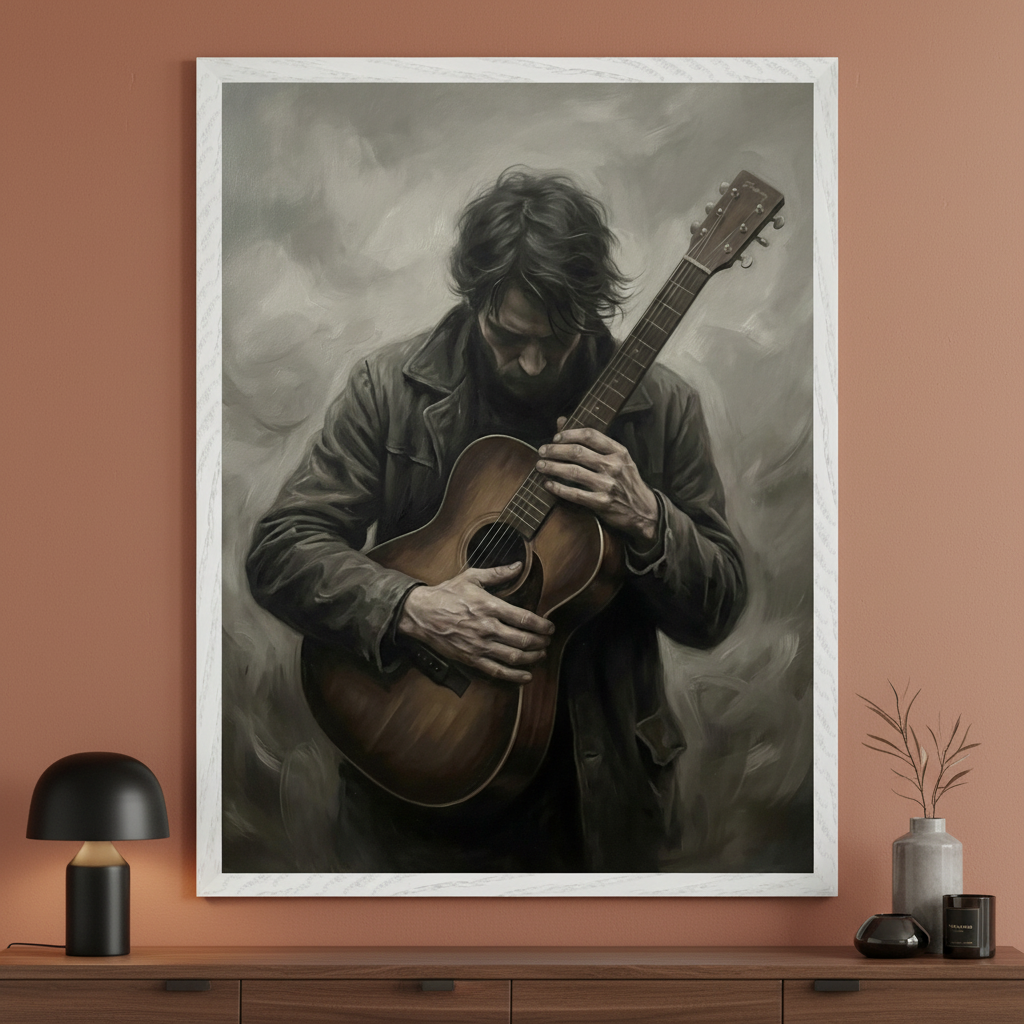 Modern room with an earthy orange wall. A large framed painting of a man looking down at an acoustic guitar, in a grayscale painterly style, hangs centered above a dark wooden dresser. A black lamp and decorative vase are on the dresser.