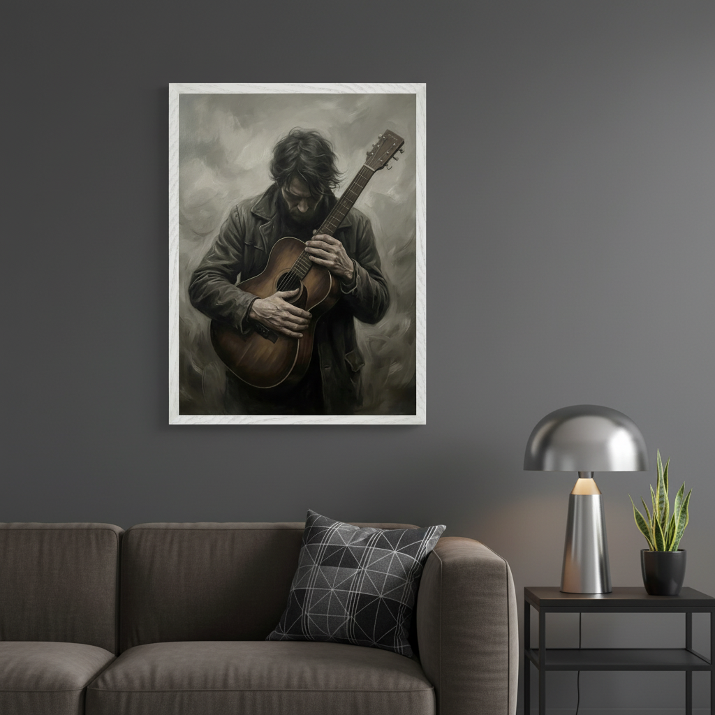 Modern living room with a brown sofa. A large framed painting of a man holding an acoustic guitar in dark, muted tones hangs on a dark gray wall above the sofa. A black side table with a silver lamp is to the right.