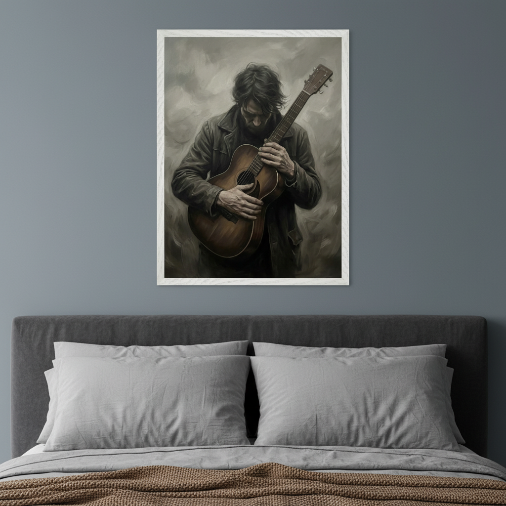Modern bedroom with a bed featuring a dark grey headboard and grey bedding. A framed monochromatic painting of a man intently playing an acoustic guitar hangs above the bed, slightly right of center.