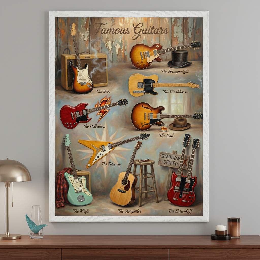 Modern living room with a dark wood credenza. A large framed vintage-style painting titled 'Famous Guitars' hangs above it, depicting 9 iconic guitars with their names and props.