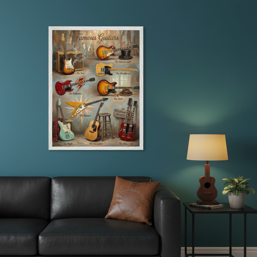 Modern living room with a black leather sofa and a black side table with a guitar lamp. A framed poster titled 'Famous Guitars' hangs on the teal wall, above the sofa. The poster shows 11 illustrated guitars with labels like 'The Icon' and 'The Storyteller' against a rustic wood background.