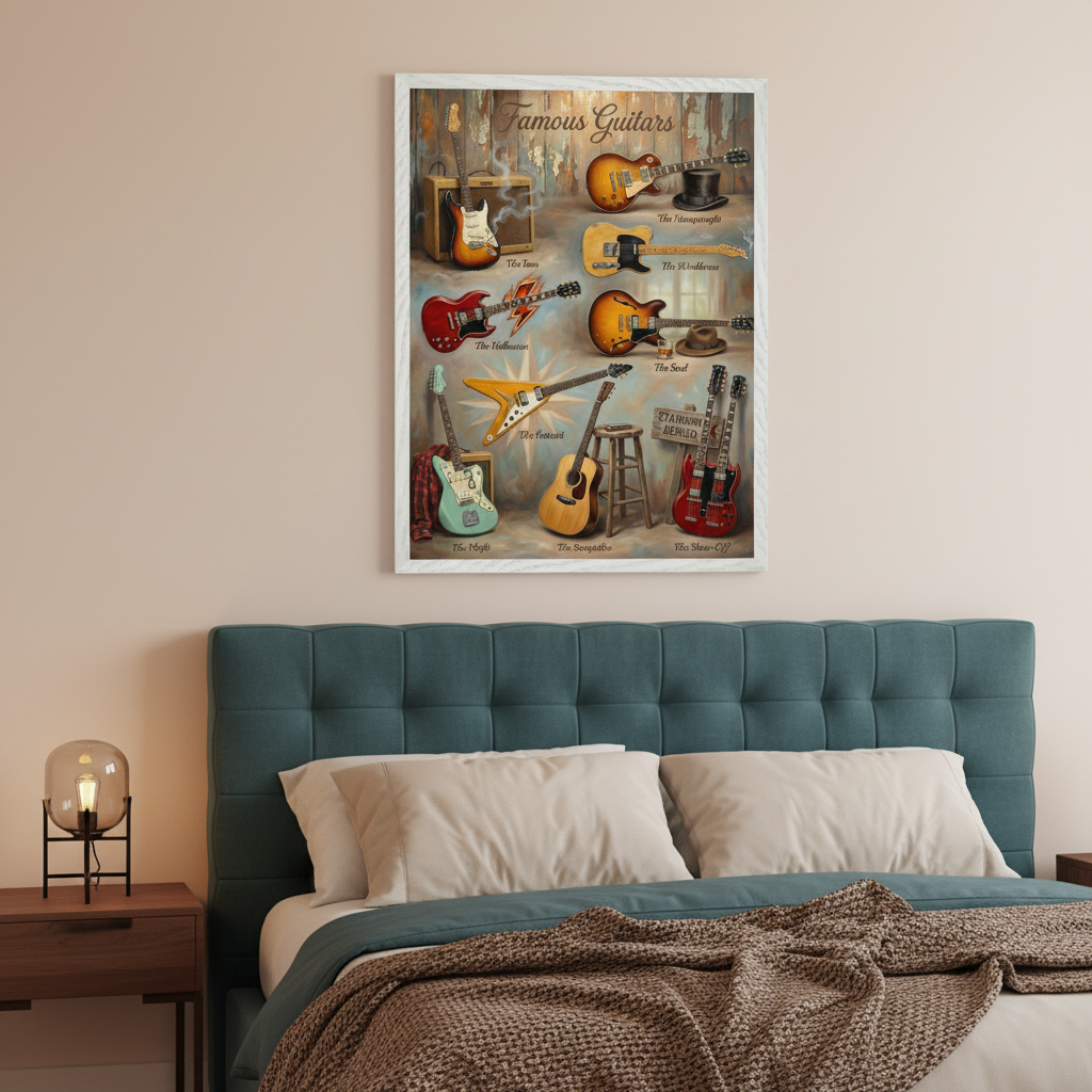 Modern bedroom with a teal tufted headboard and bed with beige pillows. A dark wooden nightstand with a lamp is on the left. Above the bed hangs a framed poster titled "Famous Guitars," illustrating various electric and acoustic guitars on a rustic wooden background.