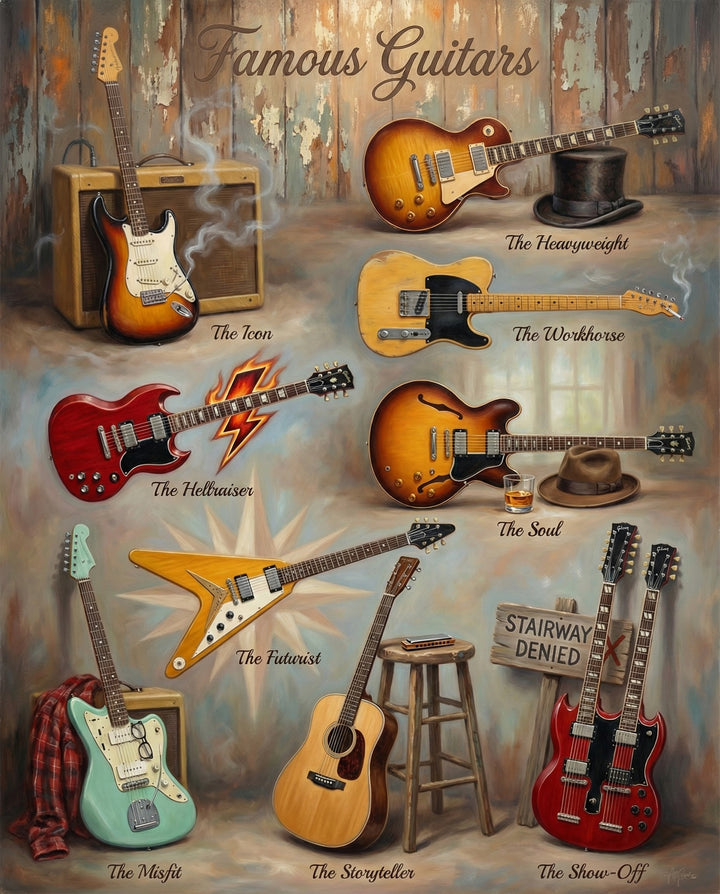 A stunning, detailed painting featuring iconic guitars with names like "The Heavyweight," "The Icon," and "The Show-Off," each one personified through artistic design, smoke, and subtle background elements that highlight their legendary status.

