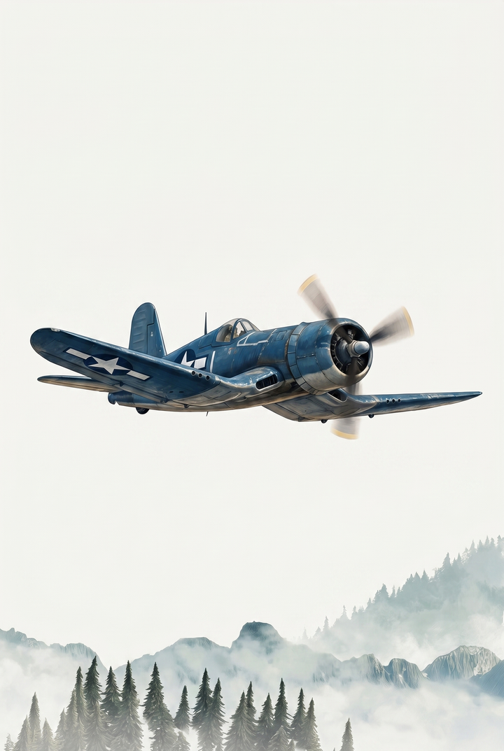 Gull wing blue airplane wall art showing a vintage propeller plane flying above foggy mountains and evergreen trees.