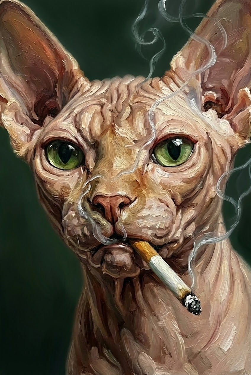 Close-up oil painting of a hairless Sphynx cat with piercing green eyes, holding a lit cigarette in its mouth as smoke curls upward.