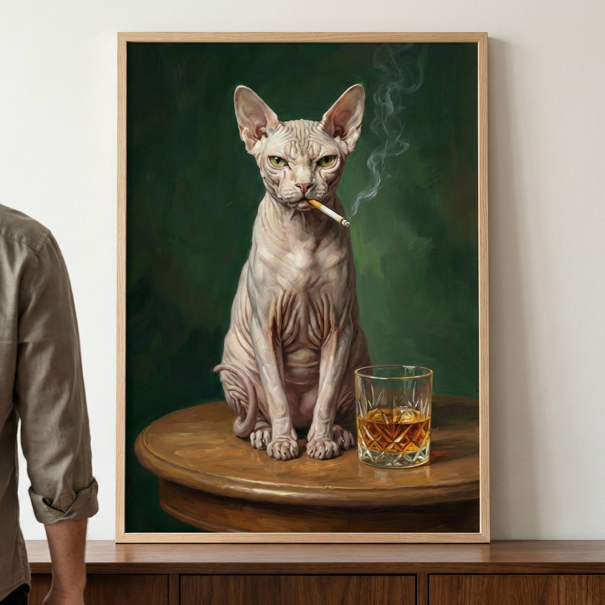 Hairless Cat Smoking Cigarette Wall Art - Whiskey And Wrinkles