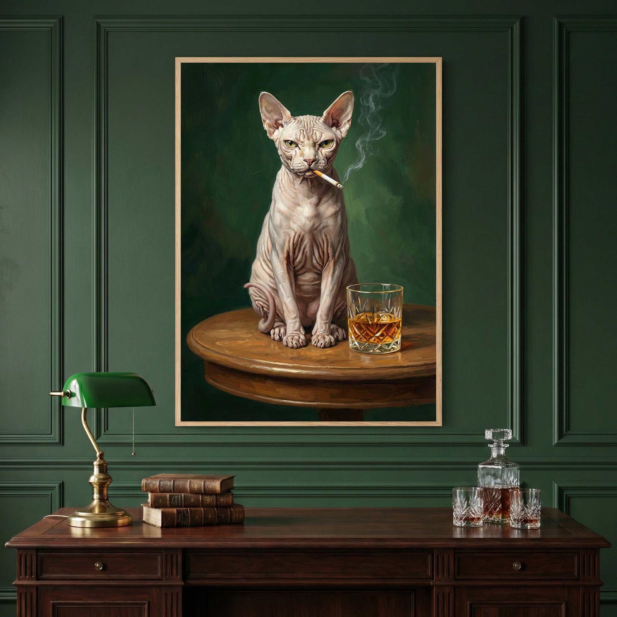 A framed piece of art hanging on a dark green paneled wall depicts a hairless Sphynx cat sitting on a round wooden table. The cat has a serious expression and a lit cigarette in its mouth with smoke curling upward. Next to the cat is a glass filled with an amber-colored liquid. Below the artwork, a dark wood desk is decorated with a green banker-style lamp, a stack of old books, and a crystal decanter with two matching glasses.