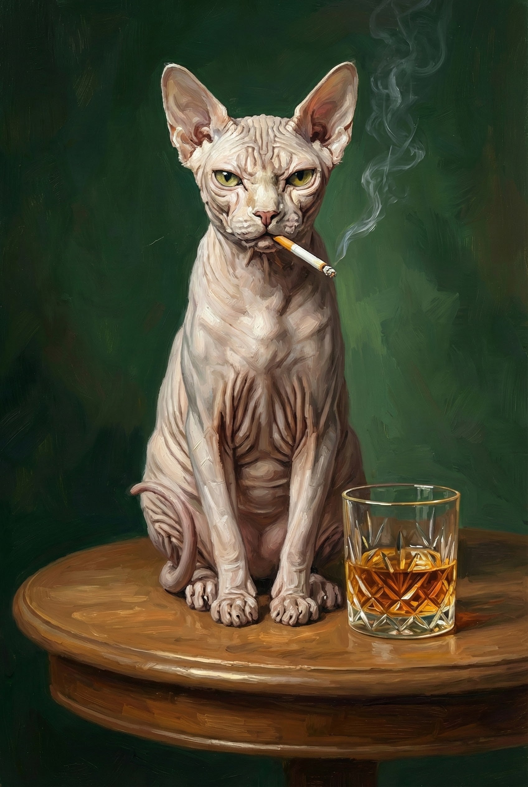 Hairless Cat Smoking Cigarette Wall Art - Whiskey And Wrinkles