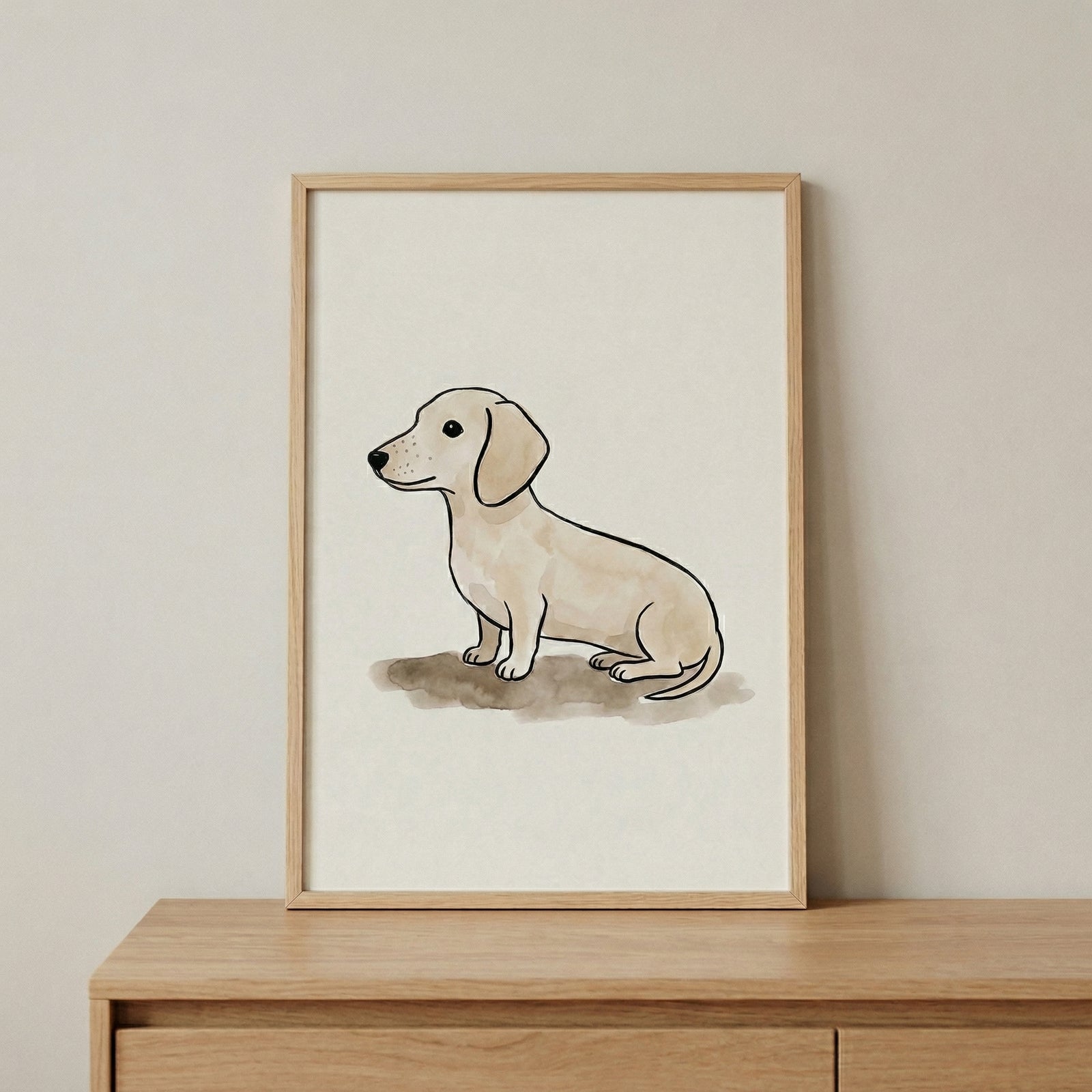 A minimalist watercolor-style illustration of a cute, light-colored dachshund dog. The dog is drawn with simple black outlines and filled with soft, textured tan and cream colors. It is depicted in profile, standing on a small, brown watercolor wash representing the ground.
