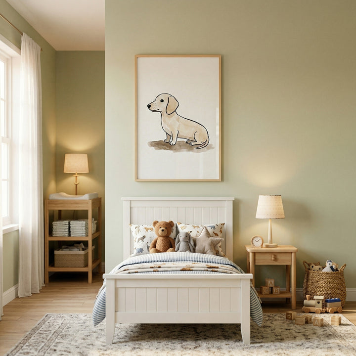 A serene and minimalist child's bedroom features soft sage green walls and light-toned wooden furniture. In the center, a white wooden bed is neatly made with a blue and white striped duvet and several decorative pillows. Atop the bed sit a classic brown plush bear, a soft grey stuffed bunny, and a plush star-shaped pillow. 
