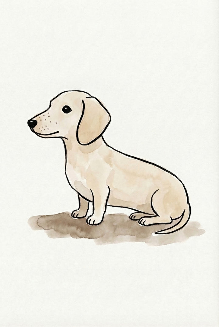 Watercolor illustration of a dachshund sitting in profile with a long body, short legs, and smooth light brown coat. The simple background emphasizes the breed’s elongated shape and relaxed posture.

