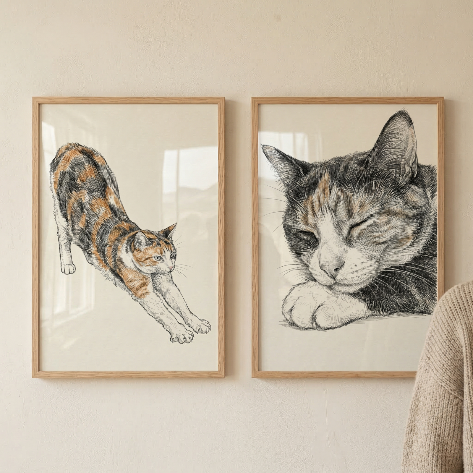 Two rectangular wooden frames hang on a neutral-toned wall, each containing a detailed sketch of a calico cat. The illustration on the left shows the full cat performing a deep stretch with its front paws extended. The illustration on the right is a close-up of the cat's head as it sleeps soundly on its paw. Both drawings feature intricate linework and patches of orange and black against a cream background. A hint of a beige knitted sweater appears in the lower right corner.