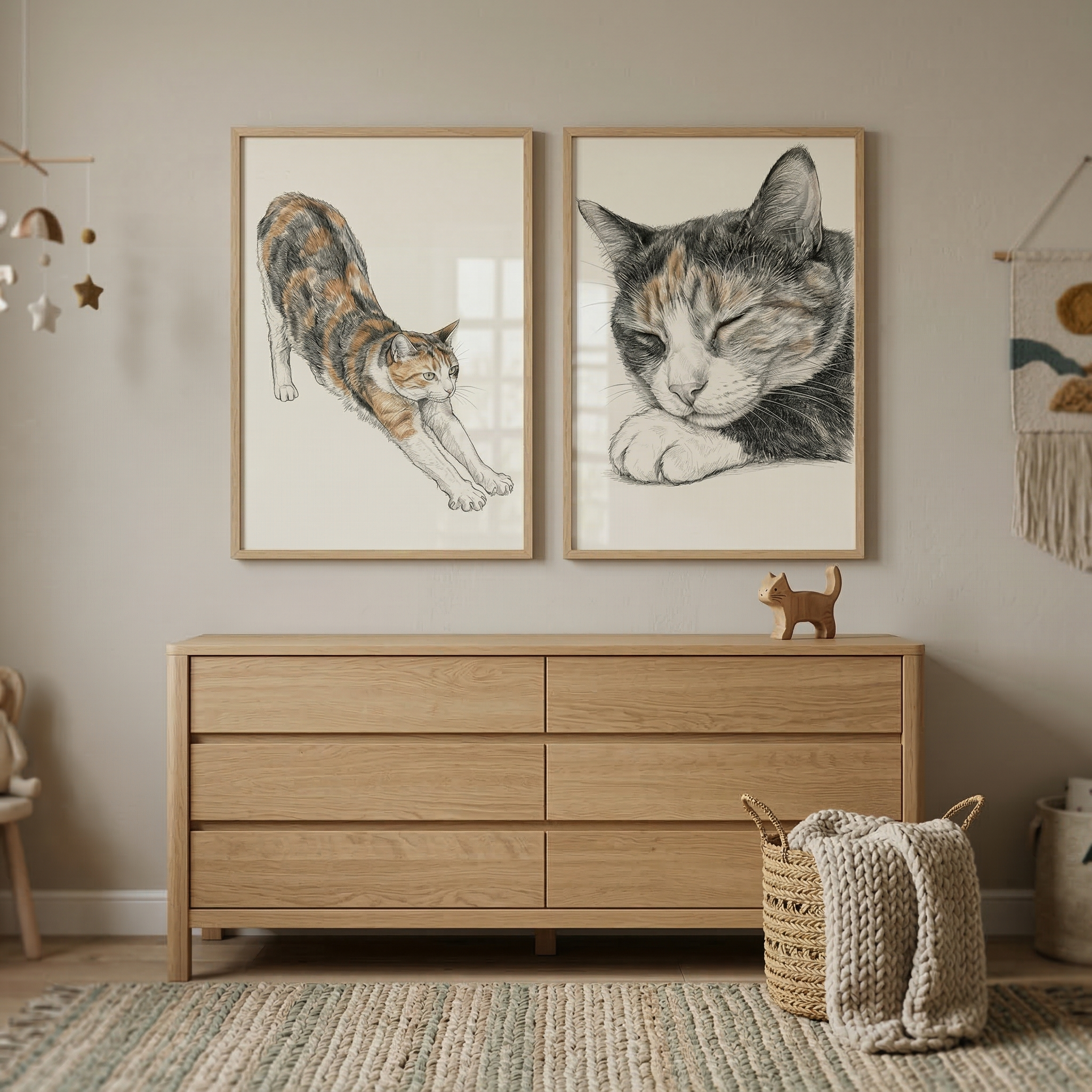 Cat Wall Art Set of 2 - Calico Nap Time
