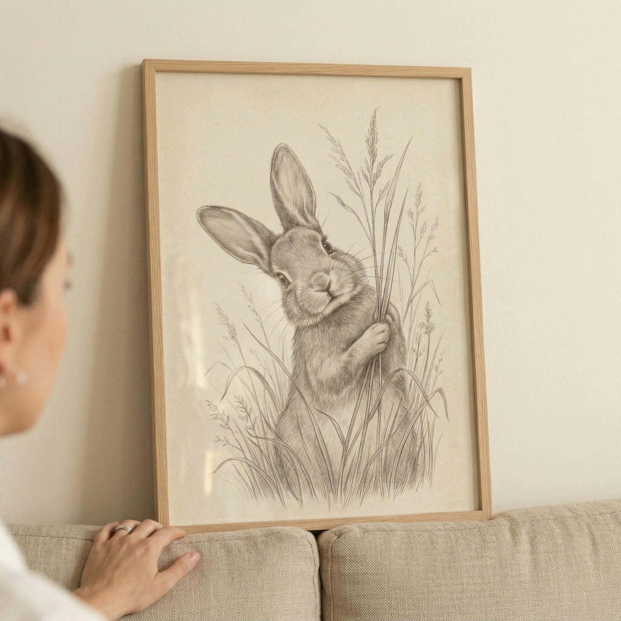 Hand Drawn Grass Rabbit Wall Art - Curious Meadow Bunny