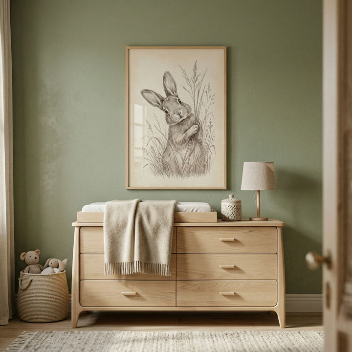 Framed pencil drawing of a rabbit holding tall grasses hangs above a wooden dresser in a soft green nursery. A cozy blanket, small lamp, and basket of plush toys complete the calm and inviting space.