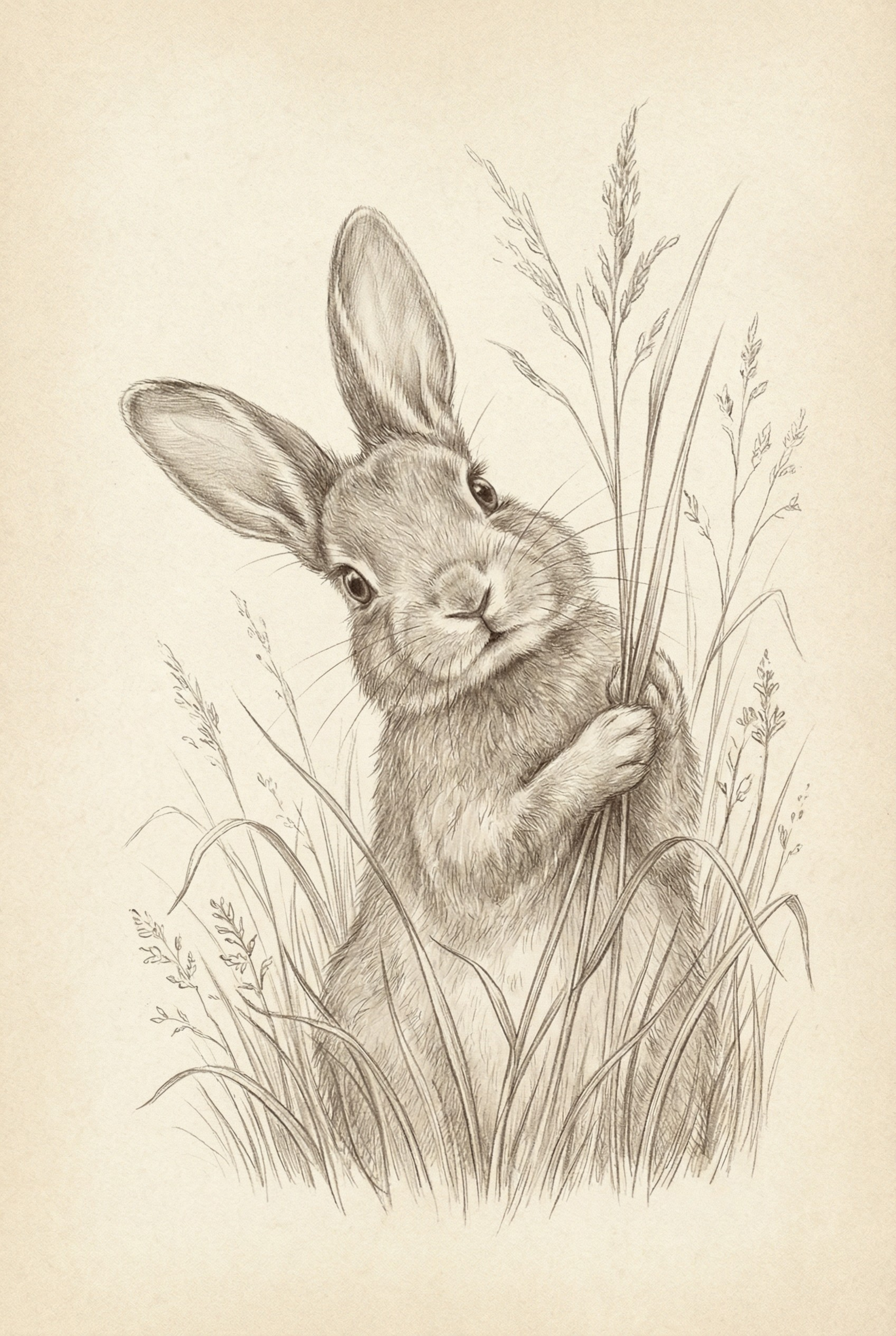 Hand Drawn Grass Rabbit Wall Art - Curious Meadow Bunny