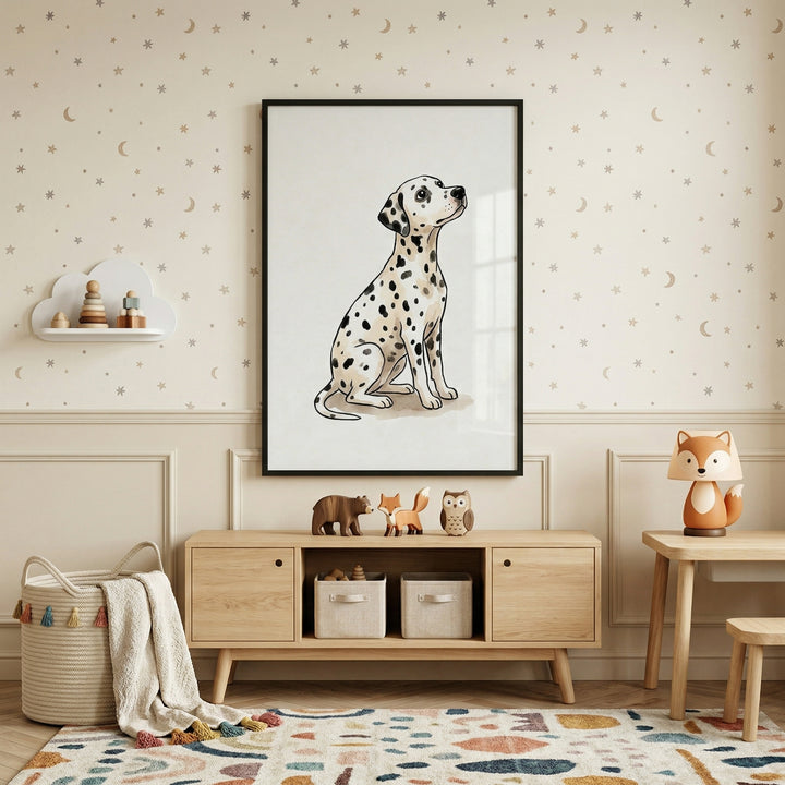 A cozy and modern child's room is decorated in a soft, neutral palette. Centered on the wall, which features a subtle pattern of stars and crescent moons, hangs a large black-framed artwork showcasing a detailed illustration of a seated spotted dog.