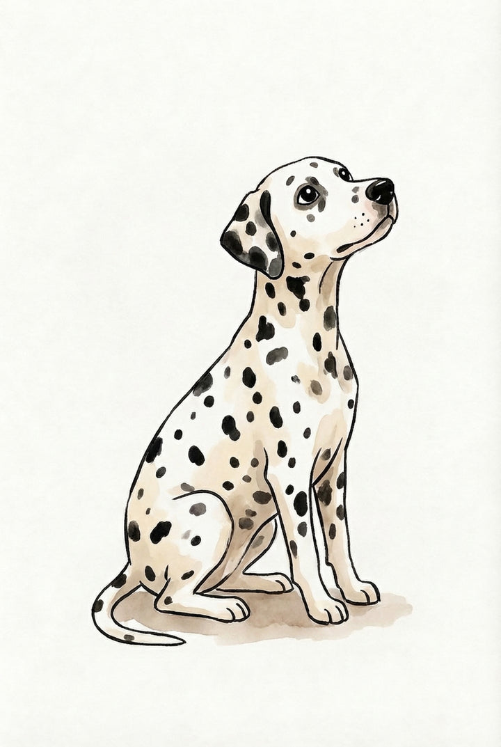 Watercolor illustration of a Dalmatian sitting in profile with black spots across its white coat and head tilted slightly upward. The pose highlights the dog’s slender build and distinctive spotted pattern.
