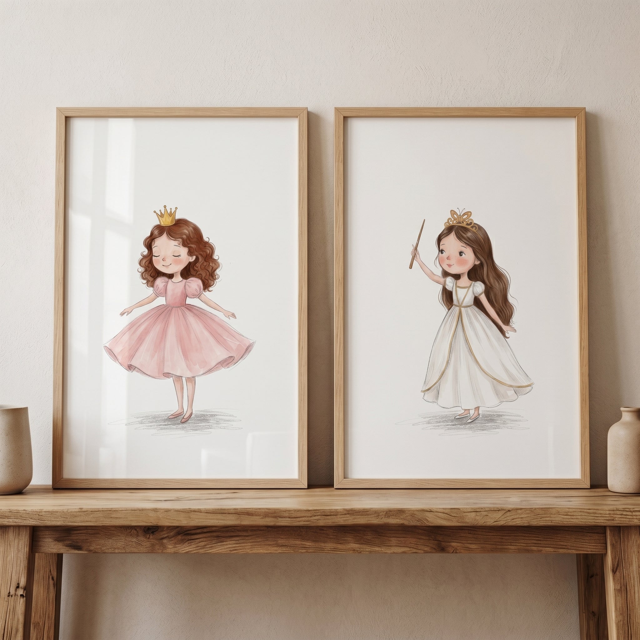 Hand Drawn Storybook Princess Wall Art Set of 2 - Tiny Royal Dreams