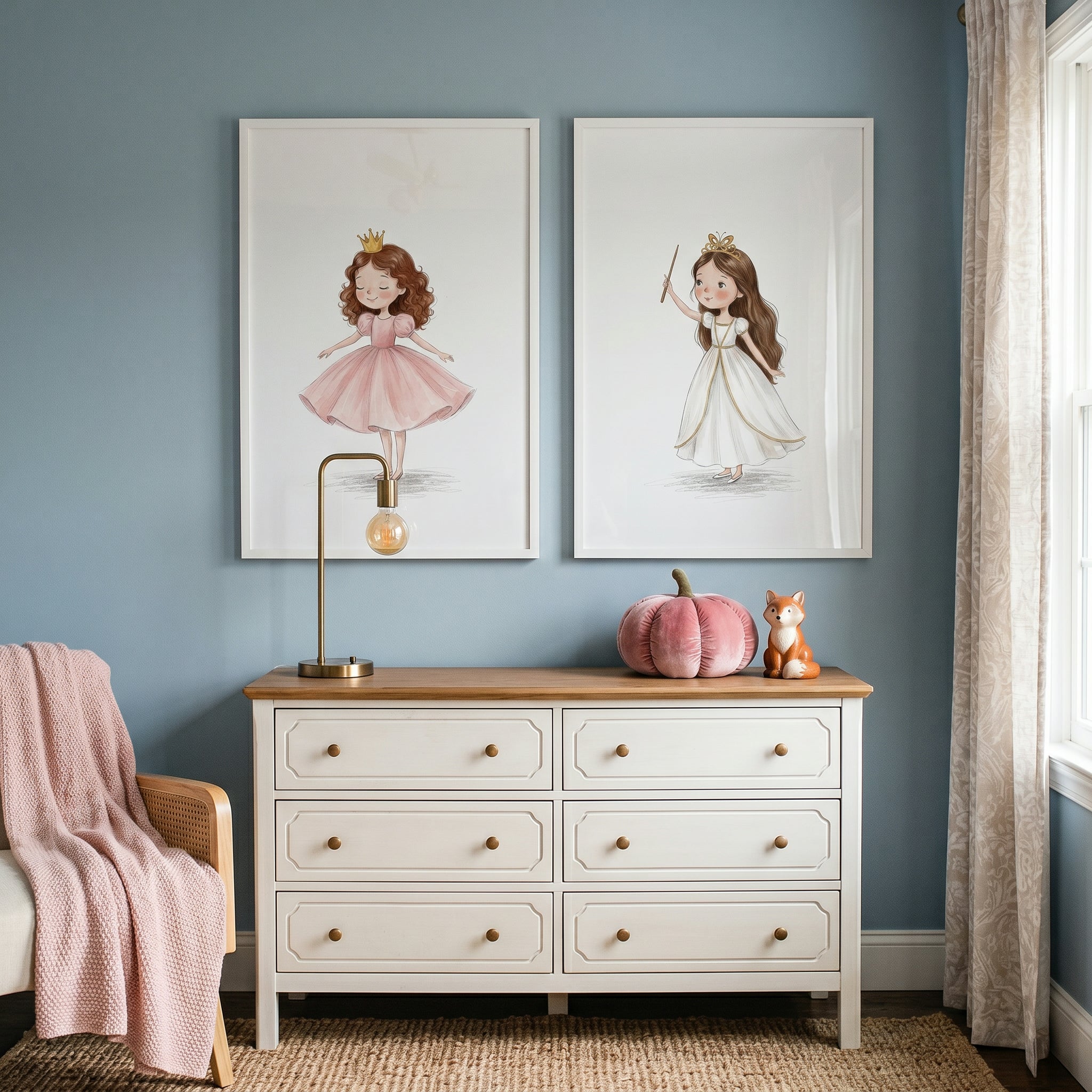 Hand Drawn Storybook Princess Wall Art Set of 2 - Tiny Royal Dreams