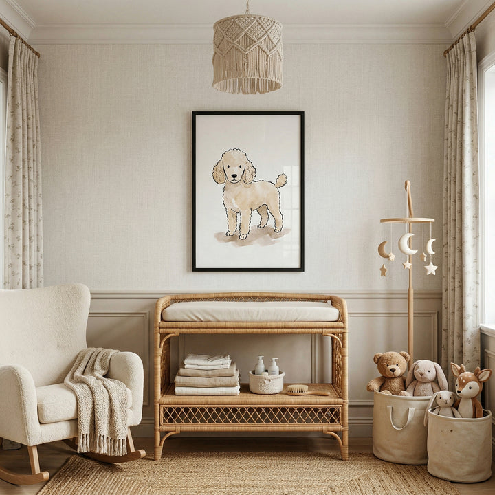 A serene nursery features a neutral color palette of cream, beige, and light brown. Centered on a paneled wall is a black-framed illustration of a curly-haired tan dog. Below the art sits a natural rattan changing table equipped with a white cushion and shelves holding folded linens and baby care items. 