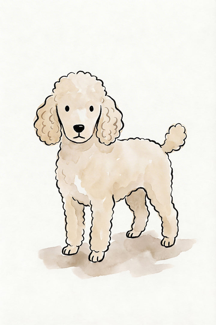 Watercolor illustration of a poodle standing with a fluffy curly coat and rounded ears, facing forward. The soft texture of the fur and upright stance draw attention to the breed’s distinctive grooming.

