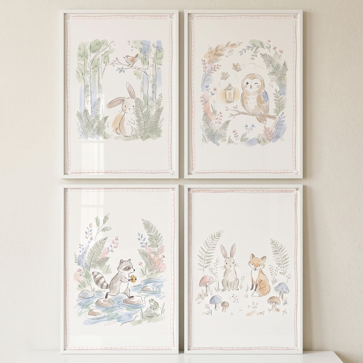 Four watercolor illustrations featuring a hand sketched woodland animal wall art set of 4 in white frames on a beige wall.