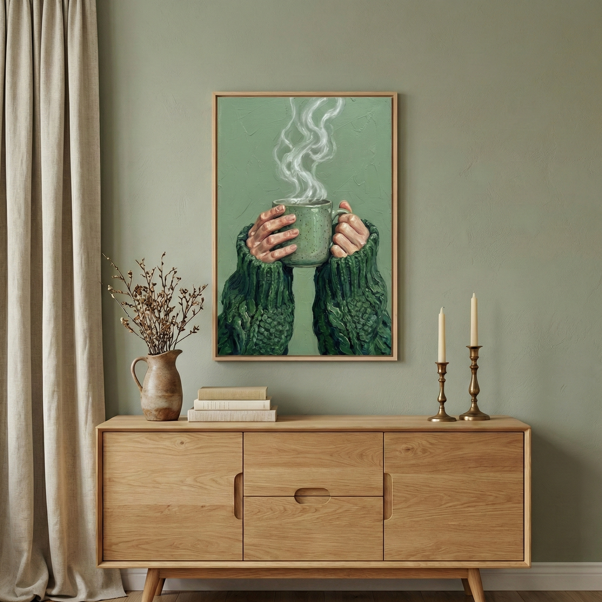 An artwork in a light wooden frame hangs on a soft sage green wall, positioned above a light-colored wooden sideboard. The image within the frame depicts a pair of hands wearing a chunky, forest green cable-knit sweater, holding a matching green ceramic mug. Wisps of white steam rise from the mug against a solid green background. On the sideboard below, a rustic ceramic jug on the left holds a bunch of dried branches. 