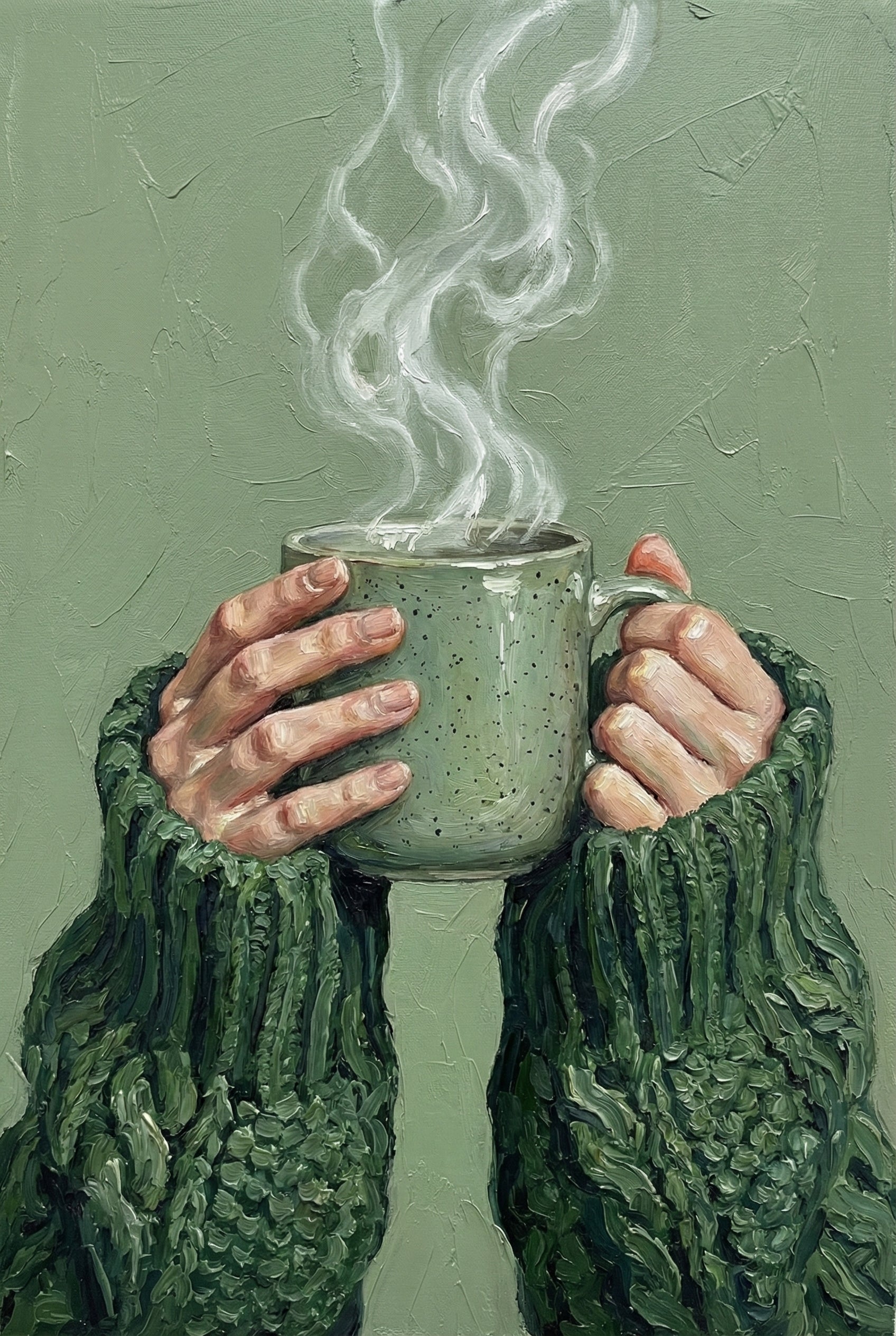 Close-up oil painting of two hands wrapped in chunky green knit sleeves holding a speckled green ceramic mug with visible steam rising against a muted green backdrop.