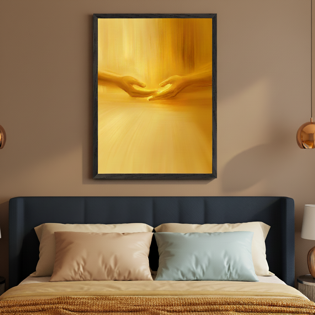 Modern bedroom with a dark blue bed and light pillows. A large framed golden abstract painting featuring two hands reaching out in a streaky, glowing style hangs centered above the bed.