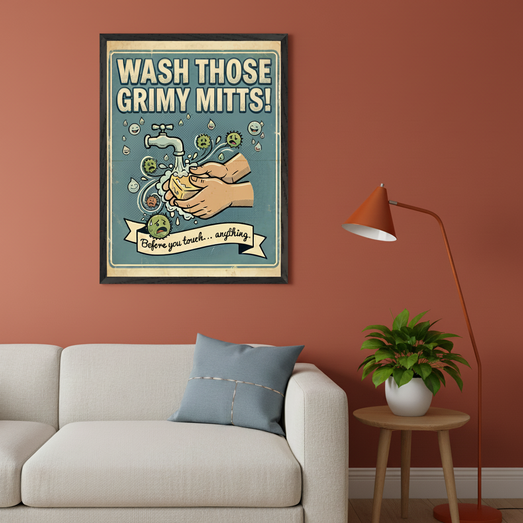 Modern living room with a light-colored sofa against a terracotta wall. A framed retro-style poster hangs above the left side of the sofa, depicting hands washing with soap under a faucet, surrounded by cartoon germs and bubbles. Text on the poster reads "WASH THOSE GRIMY MITTS!"