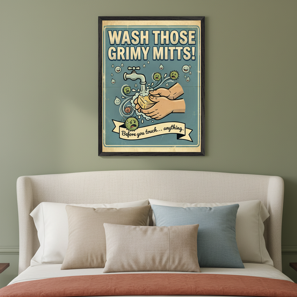 Bedroom with an upholstered bed and pillows against a green wall. A framed vintage-style hygiene poster hangs above the bed, depicting hands washing under a faucet with cartoon germs and the text "WASH THOSE GRIMY MITTS!"