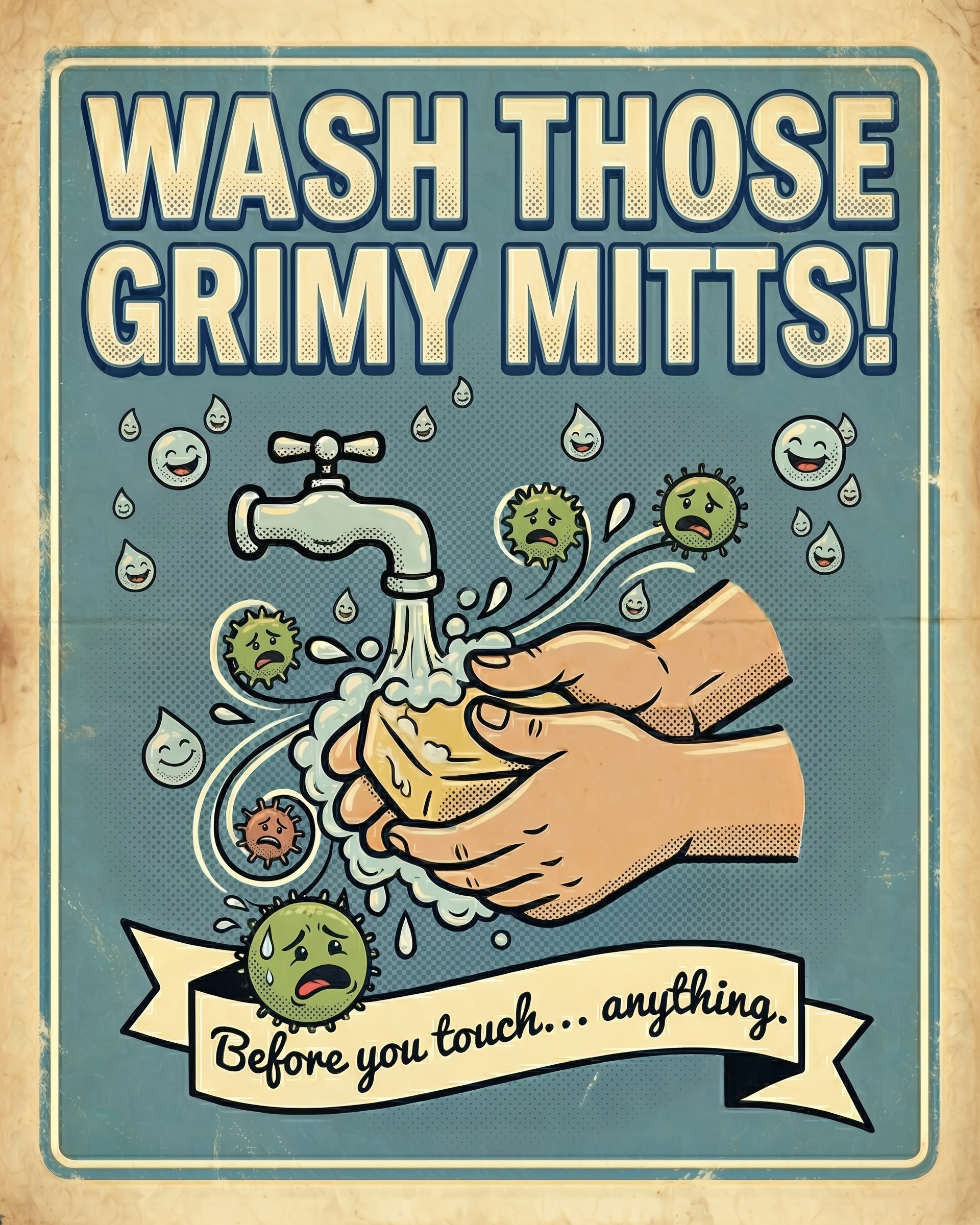 A cartoon-style hygiene poster shows hands scrubbing with soap under a faucet as droplets and cartoon germs react, surrounded by the phrase “Wash those grimy mitts! Before you touch… anything.” The design uses humor to promote cleanliness.

