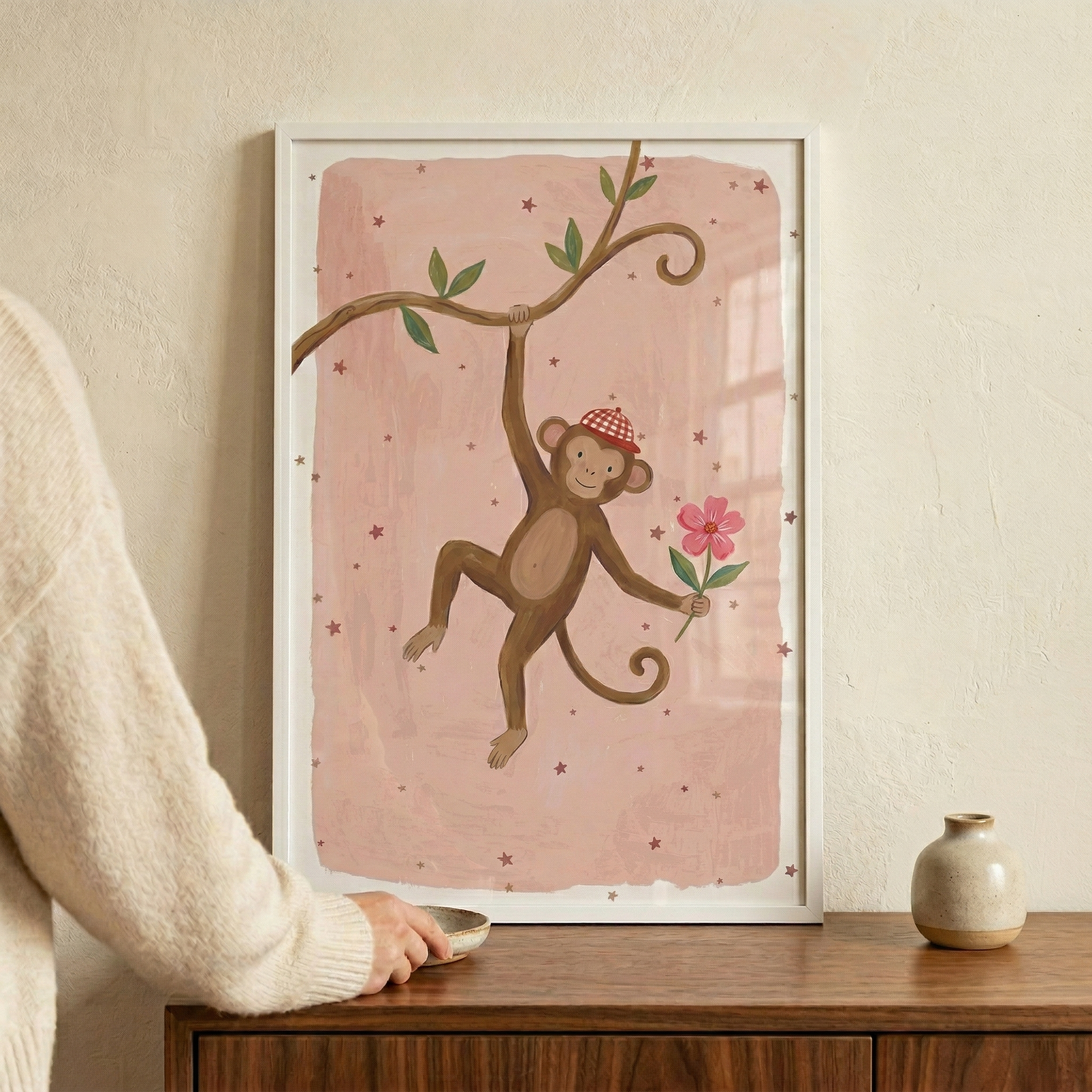 Hanging Brown Monkey Wall Art - Sweet Floral Monkey