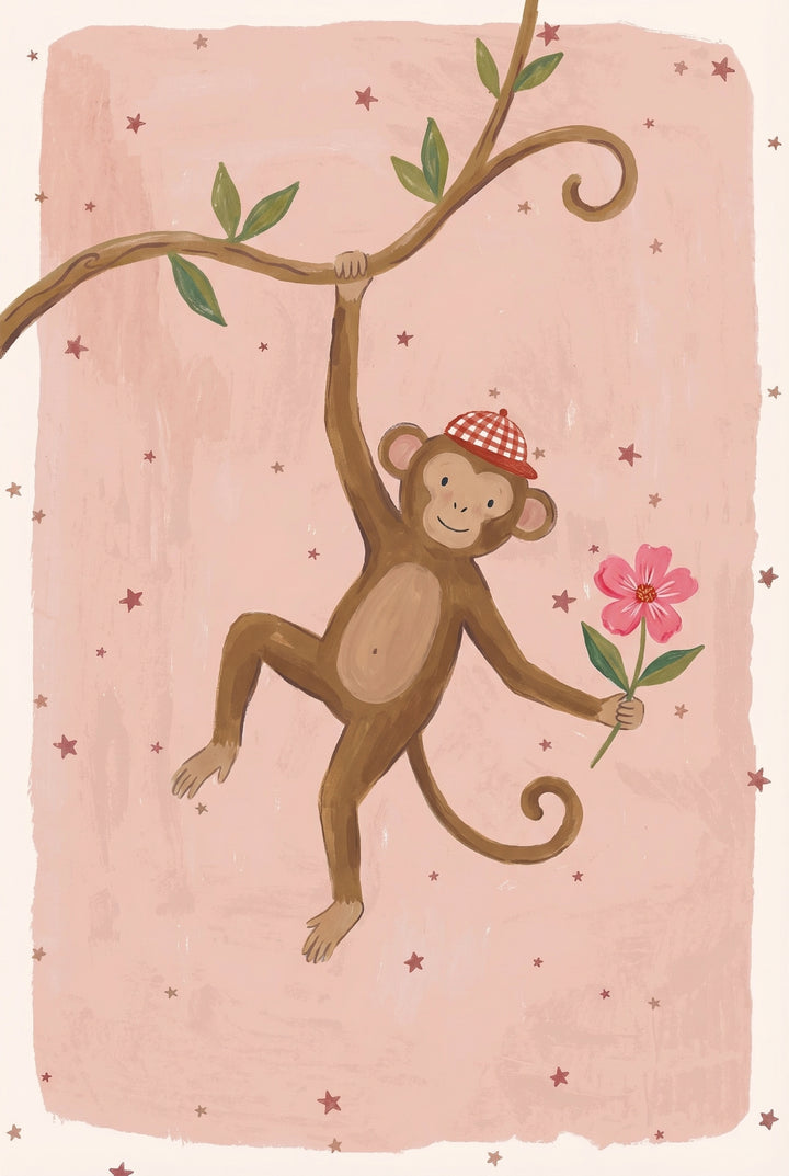 A playful illustration of a smiling monkey hanging from a tree branch wearing a red gingham cap and holding a pink flower against a soft pink background with scattered stars.

