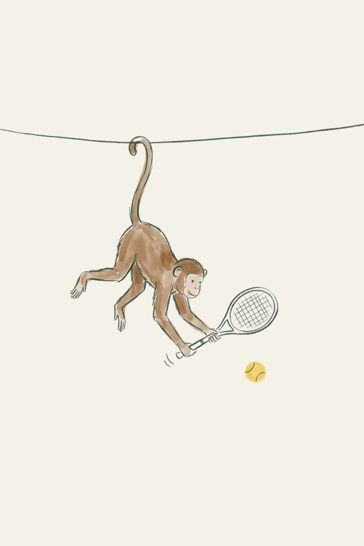 Hanging tail tennis monkey wall art of a brown monkey swinging from a line to hit a yellow ball with a tennis racket.