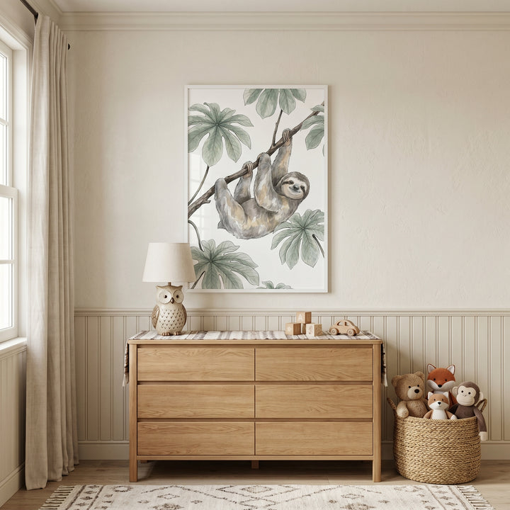 Hanging tropical leaf sloth wall art above a wooden dresser with an owl lamp and a basket of plush animals.