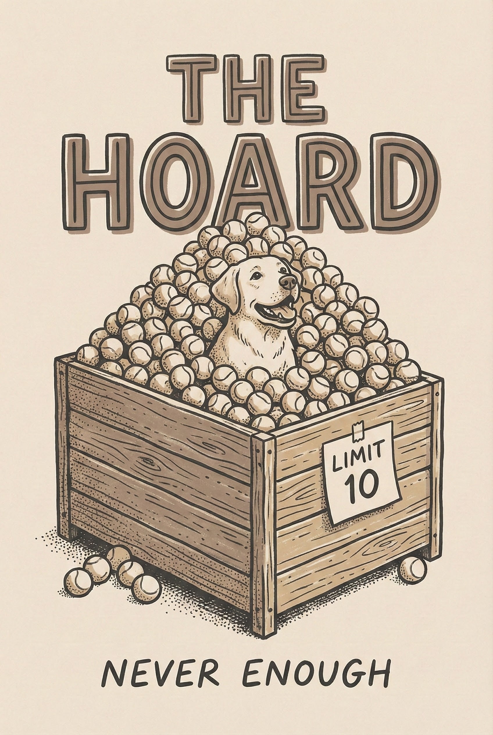 Illustration of a happy dog sitting in a large wooden crate overflowing with tennis balls. A sign on the crate reads "LIMIT 10," while bold text above and below says "THE HOARD" and "NEVER ENOUGH," humorously emphasizing the dog's obsession with collecting tennis balls.