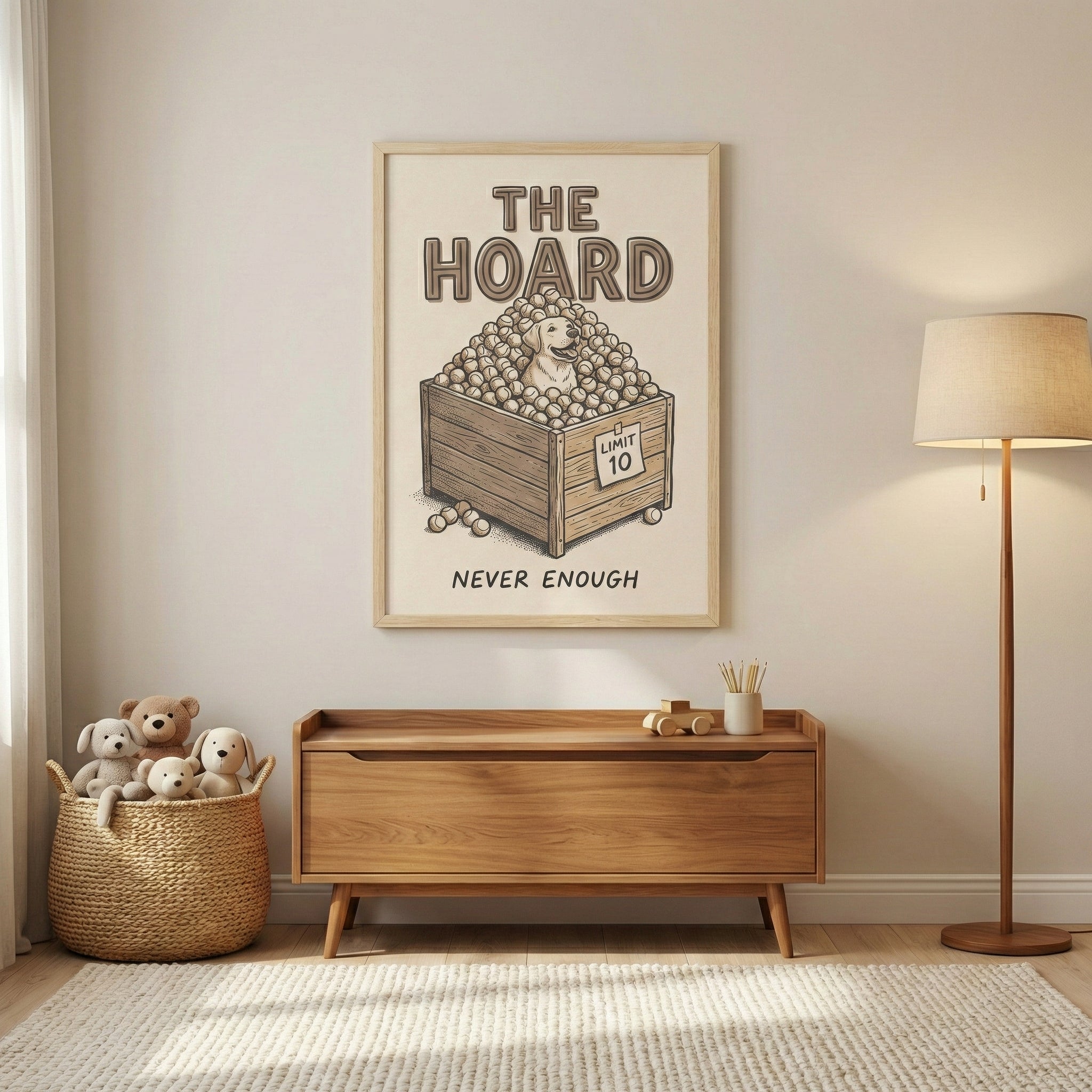 Minimalist room with a framed art print on the wall showing a dog buried in tennis balls inside a wooden crate labeled “LIMIT 10.” The poster includes the bold text “THE HOARD” at the top and “NEVER ENOUGH” at the bottom, playfully suggesting the dog's over-the-top obsession. Room decor includes neutral tones, a floor lamp, a wooden bench, and a basket of plush toys.