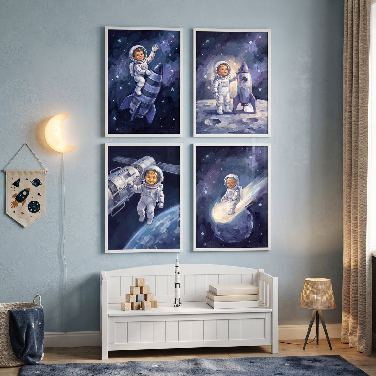 Happy Exploring Baby Astronaut Wall Art Set of 4 - Little Galactic Explorer