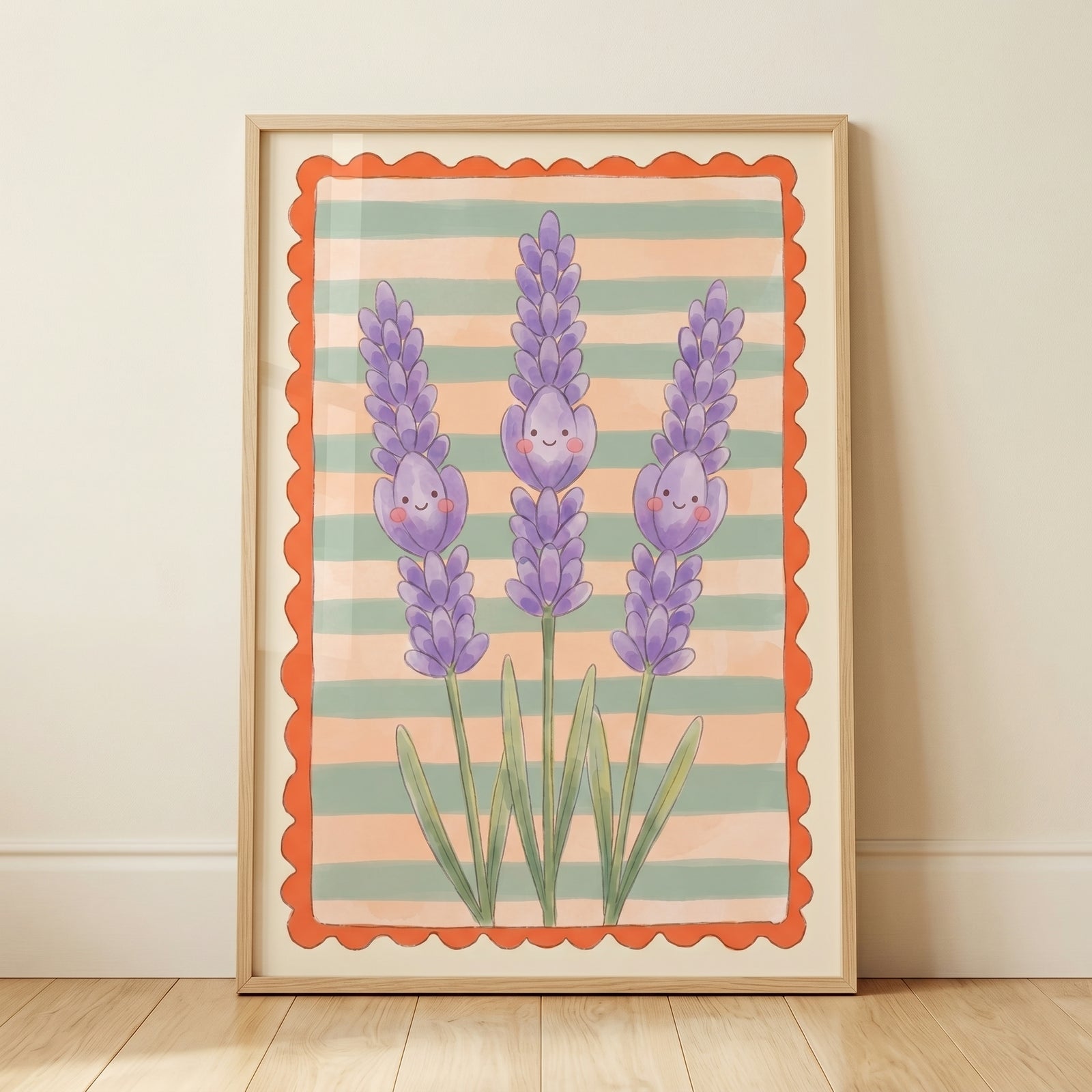 Happy face purple lavender flower wall art shows three smiling stalks on stripes with a scalloped orange border.