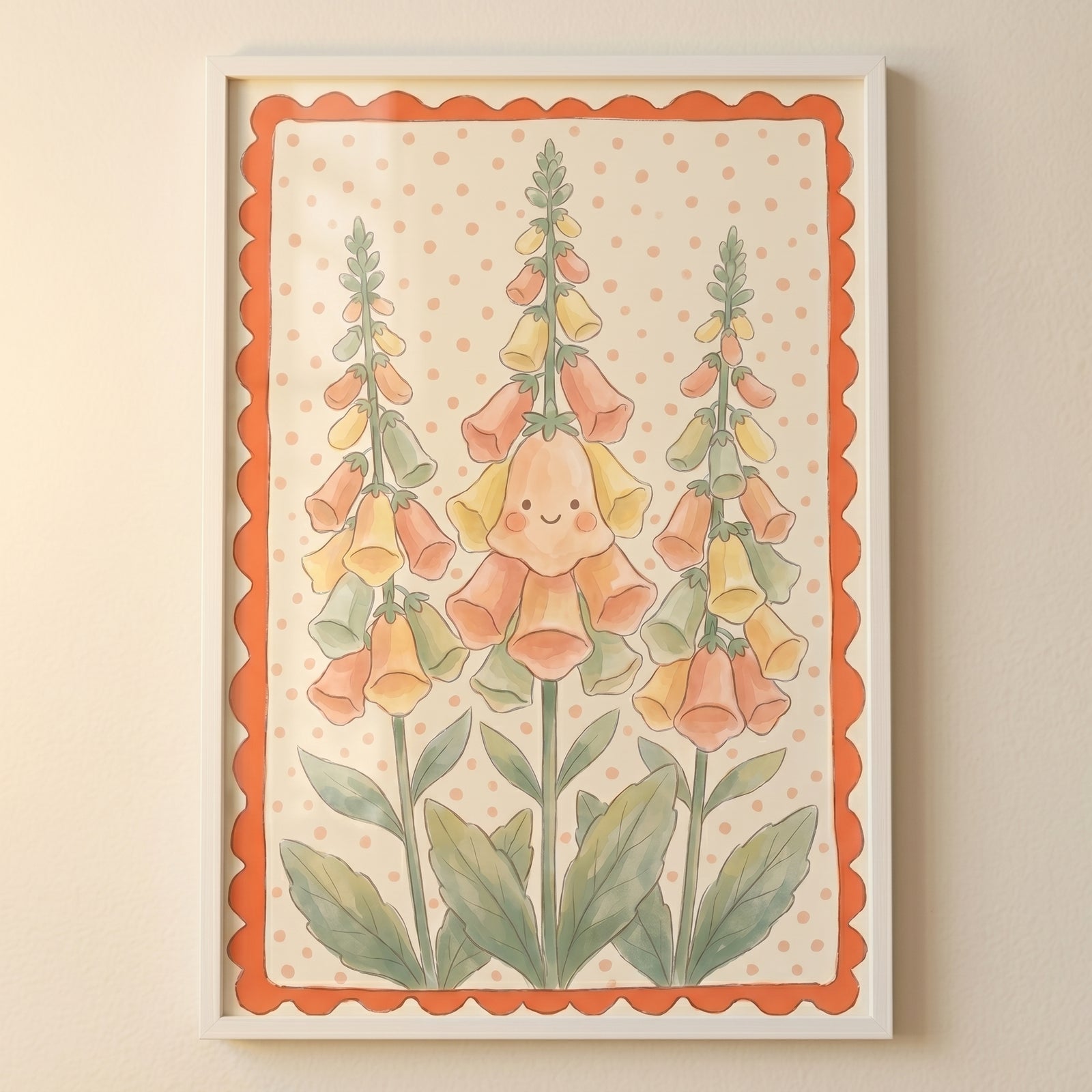 Three floral stalks in happy smiley face foxglove flower wall art with a scalloped orange border and polka dot background.